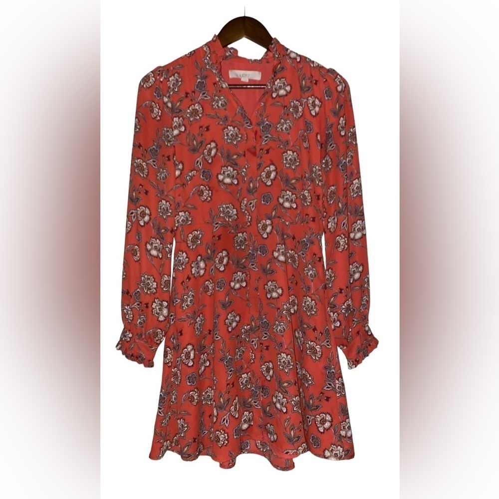Loft Red Floral Mini Dress Size‎ 00 Feminine Long Sleeve Flowy Swing Cottagecore